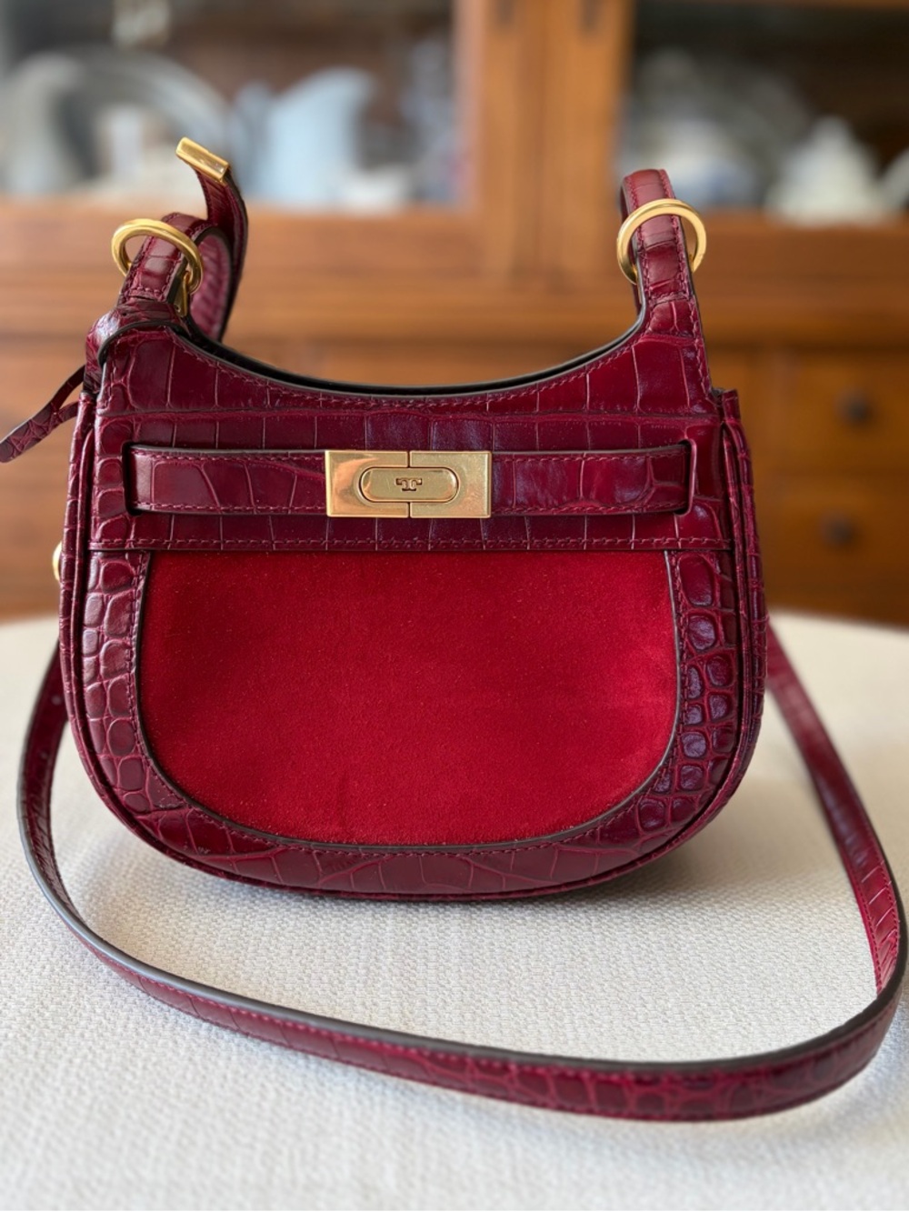Tory Burch Leather/Suede Croc-Embossed Small Saddle Bag Roma Red Luxury Like New